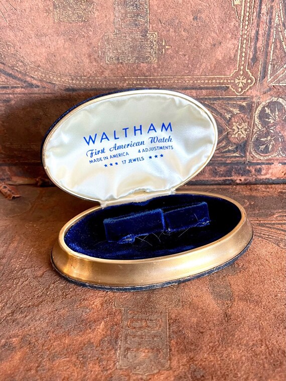 Vintage Waltham watch box, blue velvet with gold