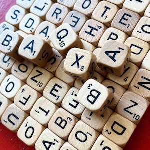Vintage wooden Scrabble dice, lot of 71. NOT a full game or set.