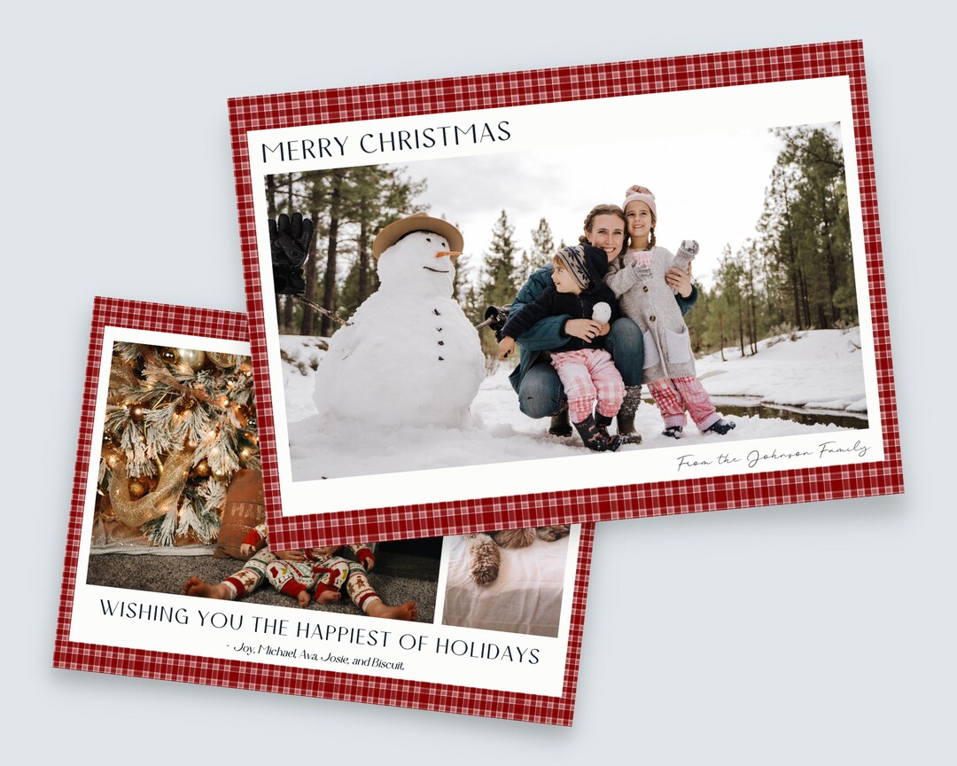 Holiday Card Template Red Plaid 5x7 Canva Template Modern Etsy