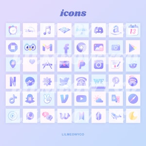 May include: A collection of 48 colorful app icons in a grid pattern on a light purple background. The icons are in a pastel color scheme with a soft, rounded design. The icons include popular social media platforms, streaming services, and other apps.