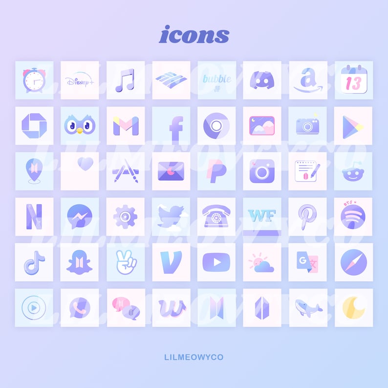 May include: A collection of 48 colorful app icons in a grid pattern on a light purple background. The icons are in a pastel color scheme with a soft, rounded design. The icons include popular social media platforms, streaming services, and other apps.