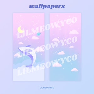 May include: Two phone wallpapers with a pastel pink and blue gradient background. The left wallpaper features a blue whale jumping through clouds with a crescent moon and a planet in the background. The right wallpaper features a similar background with clouds and stars. Both wallpapers include the text "Lilmeowcyco".