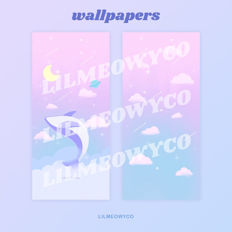 May include: Two phone wallpapers with a pastel pink and blue gradient background. The left wallpaper features a blue whale jumping through clouds with a crescent moon and a planet in the background. The right wallpaper features a similar background with clouds and stars. Both wallpapers include the text "Lilmeowcyco".