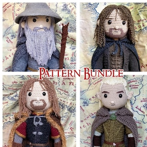 May include: A set of four crochet amigurumi patterns featuring characters from the Lord of the Rings. The patterns include Gandalf the Grey, Aragorn, Legolas, and Frodo Baggins. Each pattern is shown with a crocheted character against a background of a map of Middle-earth.