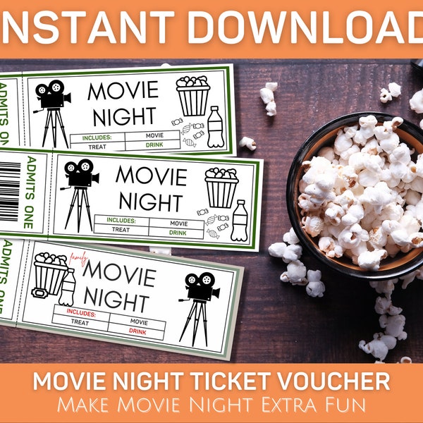 Family Movie Night Ticket Voucher Certificate - Family Activity - INSTANT DOWNLOAD