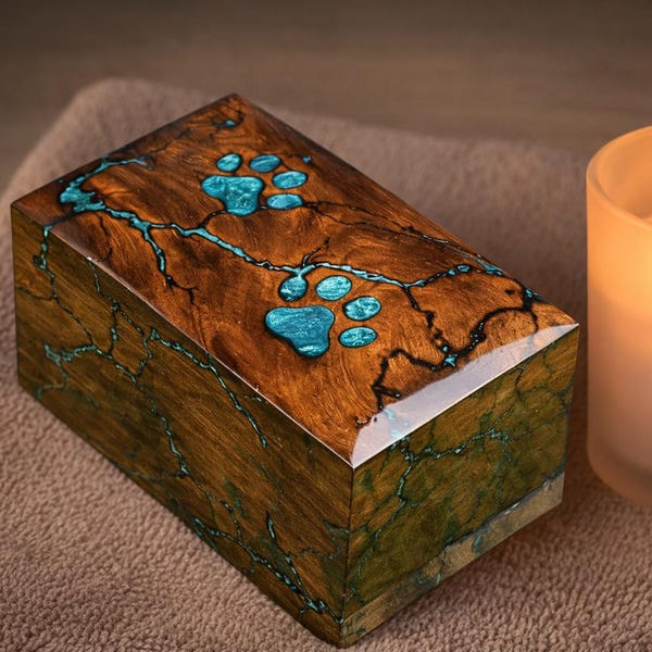 Handcrafted Wooden Cremation Urn with Paw Print Resin Inlay for Dog or Cat Ashes