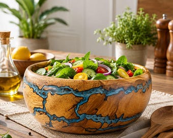 Large Wooden Fruit Bowl | Handmade Blue Resin Serving Bowl | Rustic Kitchen Table Centerpiece