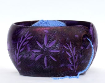 Handcrafted Purple Wooden Yarn Bowl with Floral Carving – Smooth Yarn Holder for Knitting = Crochet | Gift for Yarn Lovers & Crafters