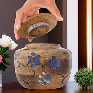 Handmade Mango Wood Pet Urn with Blue Paw Inlay - Memorial Keepsake Box