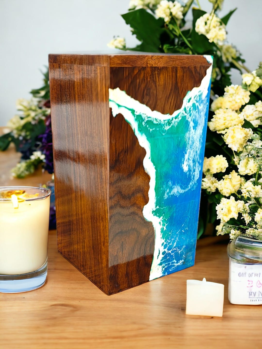 Handmade Ocean Wave Resin & Wood Urn | Beach Themed Cremation Urn Box ...