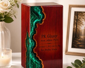Personalized Wooden Urn for Human Ashes, Handmade Memorial Keepsake, Green Epoxy Resin Wood Art