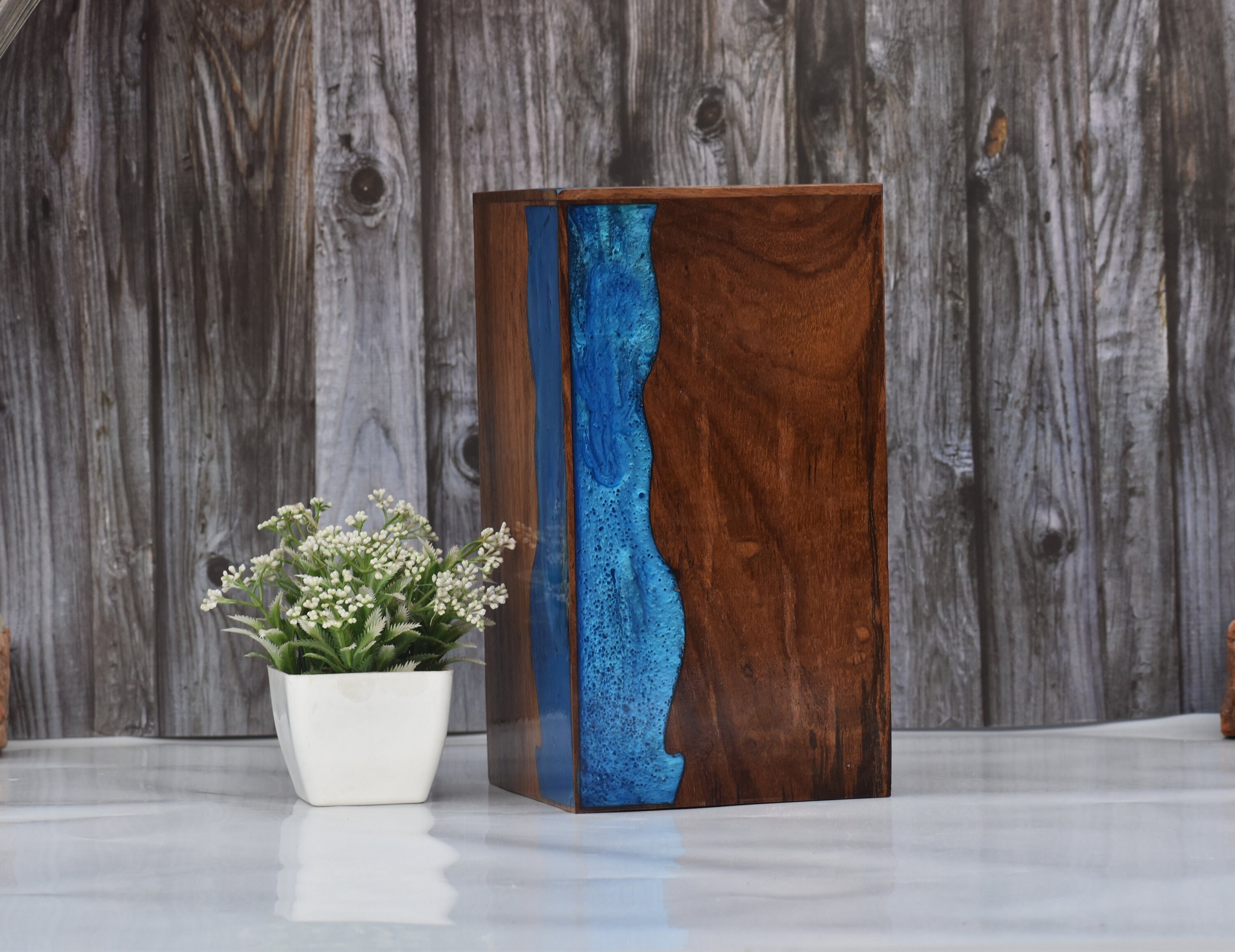 Handmade Wooden & Epoxy Cremation Urn: Blue River Edge Design