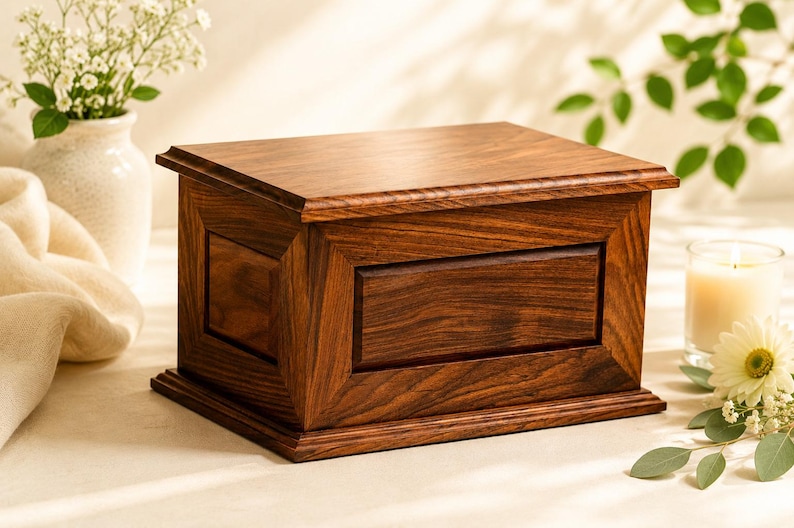 May include: A rectangular wooden cremation urn featuring a rich, dark brown wood grain finish. The urn has a beveled lid, a recessed central panel on the front, and a stepped base design, showcasing a polished surface with visible natural wood patterns.