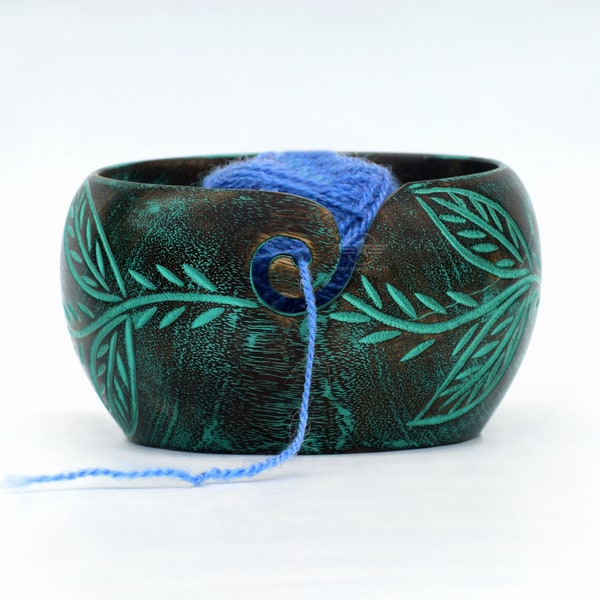 Hand-painted and Handmade Wooden yarn bowl 7 x 4 Yarn bowl Wooden leaf design yarn holder Large yarn bowl for knitting and crocheting.