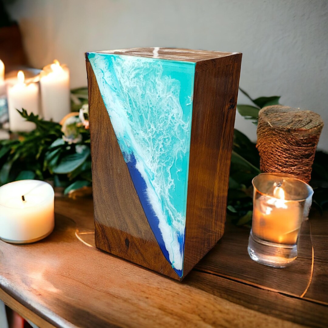Ocean Wave Rosewood and Epoxy Resin Memorial Urn for Human or Pet Ashes ...