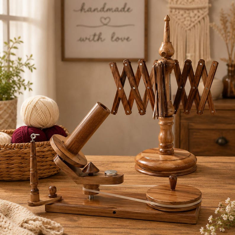 May include: A wooden yarn ball winder with a hand crank and a separate wooden yarn swift. The winder features a base, a spool, and a drive belt. The swift has an expandable lattice structure on a central pedestal. Both items are made of polished wood.