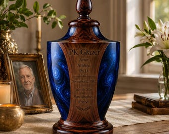Personalized Cremation Urn for Human Ashes, Blue Resin Wood Memorial Urn, Handcrafted Keepsake