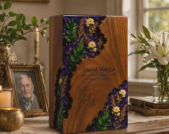 Personalized Wooden Cremation Urn for Human Ashes, Floral Memorial Keepsake, Handmade Memorial