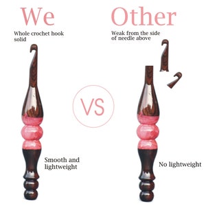 May include: Comparison of two crochet hooks. The hook on the left is described as "Whole crochet hook solid" and "Smooth and lightweight". The hook on the right is described as "Weak from the side of needle above" and "No lightweight".