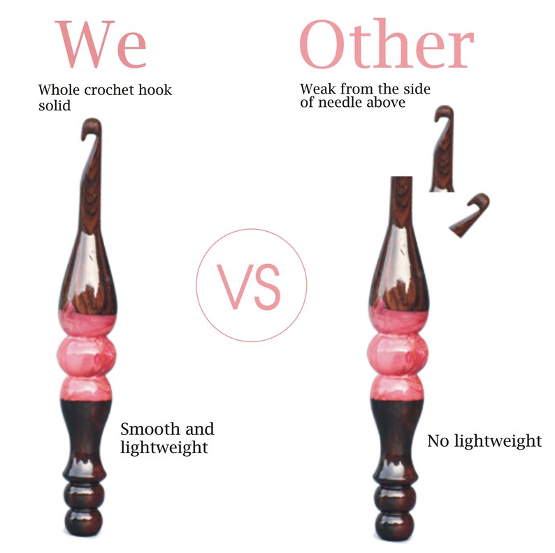 May include: Comparison of two crochet hooks. The hook on the left is described as "Whole crochet hook solid" and "Smooth and lightweight". The hook on the right is described as "Weak from the side of needle above" and "No lightweight".