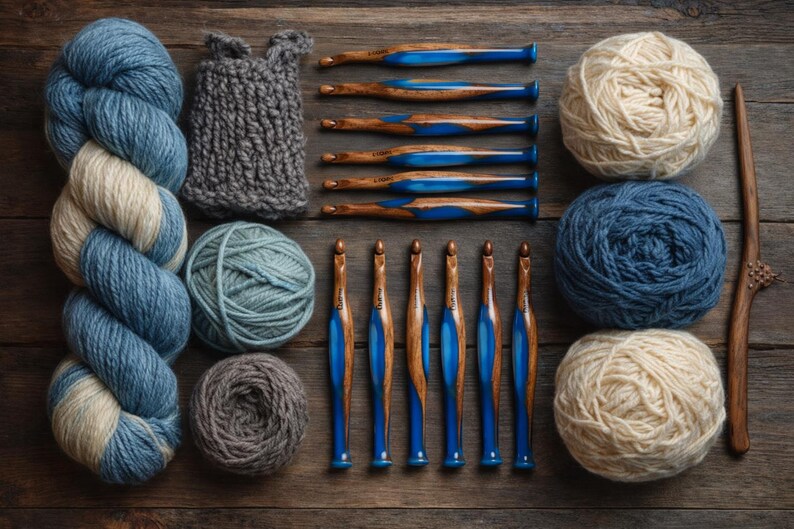 Pu&ograve; includere: Un set di forniture per filati che include una grande matassa blu e crema, due gomitoli pi&ugrave; piccoli in blu e grigio e un campione lavorato a maglia grigio. Dodici uncinetti con manici in legno e dettagli in resina blu sono disposti in due file.