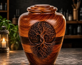Large Wooden Cremation Urn with Tree of Life, Personalized Memorial Funeral Urn