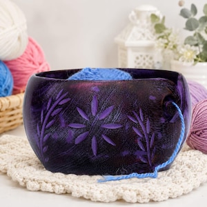 Handcrafted Purple Wooden Yarn Bowl: Floral Carving, Knitting & Crochet