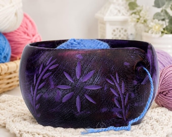 Handcrafted Purple Wooden Yarn Bowl: Floral Carving, Knitting & Crochet