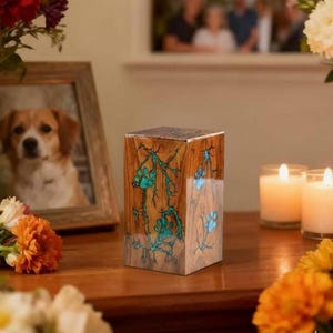 Handmade Wooden Pet Urn: Fractal Burned Paw Print Inlay
