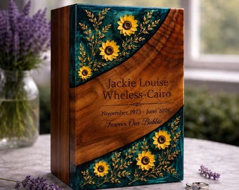 Personalized Wooden Cremation Urn, Floral Resin Keepsake, Funeral Ashes Holder, Sympathy Gifts