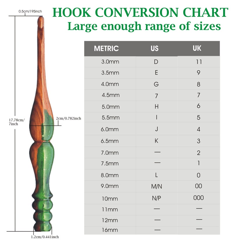 K&ouml;nnte beinhalten: Eine Tabelle mit H&auml;kelnadelgr&ouml;&szlig;en in Millimetern, US-Gr&ouml;&szlig;en und UK-Gr&ouml;&szlig;en. Die Tabelle umfasst Gr&ouml;&szlig;en von 3,0 mm bis 16 mm. Die Tabelle tr&auml;gt den Titel "HOOK CONVERSION CHART" und "Large enough range of sizes".
