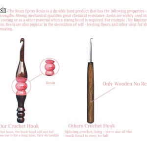 May include: Two crochet hooks, one with a wooden handle and resin accents, and one with a wooden handle. The hook with resin accents is labeled "Our Crochet Hook" and the other is labeled "Others Crochet Hook". The text "Resin" is written next to the resin accents on the hook. The text "Only Wooden No Resin" is written next to the other hook. The text "A whole crochet hook, the hook head will not fall off even if you use it for a long time, Very durable" is written below the hook with resin accents. The text "Splicing crochet, long-term use of the hook head is easy to fall" is written below the other hook.