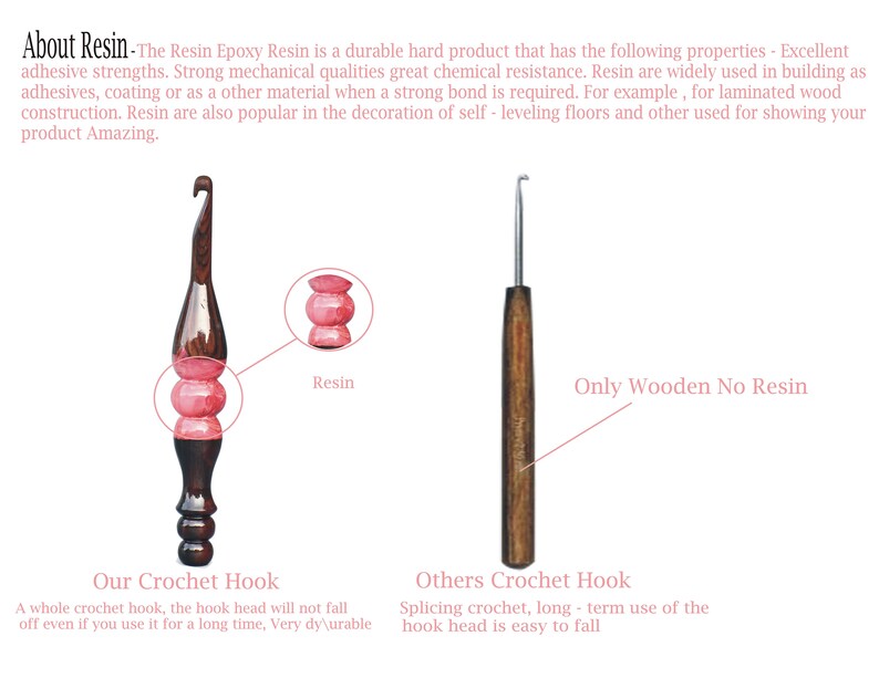 May include: Two crochet hooks, one with a wooden handle and resin accents, and one with a wooden handle. The hook with resin accents is labeled "Our Crochet Hook" and the other is labeled "Others Crochet Hook". The text "Resin" is written next to the resin accents on the hook. The text "Only Wooden No Resin" is written next to the other hook. The text "A whole crochet hook, the hook head will not fall off even if you use it for a long time, Very durable" is written below the hook with resin accents. The text "Splicing crochet, long-term use of the hook head is easy to fall" is written below the other hook.