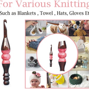 May include: Two wooden crochet hooks with pink and brown accents. The hooks are shown against a white background with images of various knitted items, including blankets, hats, gloves, and toys. The text "For Various Knitting" and "Such as Blankets, Towel, Hats, Gloves Etc" is displayed at the top of the image.