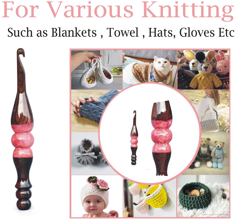 May include: Two wooden crochet hooks with pink and brown accents. The hooks are shown against a white background with images of various knitted items, including blankets, hats, gloves, and toys. The text "For Various Knitting" and "Such as Blankets, Towel, Hats, Gloves Etc" is displayed at the top of the image.