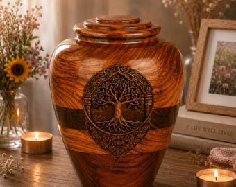 Rosewood Cremation Urn, Tree of Life Memorial, Handmade Keepsake for Human & Pet Ashes