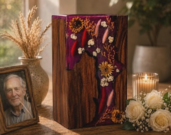 Handmade Wooden Resin Cremation Urn for Human Ashes, Purple Floral Memorial