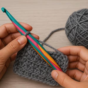 May include: A person is crocheting with gray yarn using a wooden crochet hook with teal, pink, and orange stripes. A ball of gray yarn is in the background.