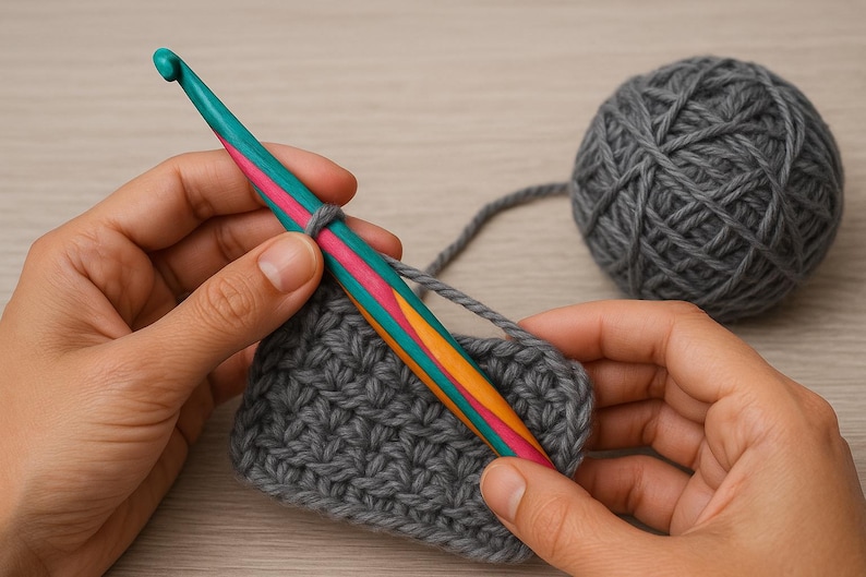 May include: A person is crocheting with gray yarn using a wooden crochet hook with teal, pink, and orange stripes. A ball of gray yarn is in the background.