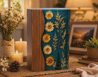 Personalized Wooden Urn for Human Ashes, Floral Resin Cremation Box, Handmade Rosewood Memorial
