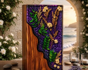 Personalized Wooden Urn for Ashes, Purple Resin Memorial Urn, Handmade Keepsake