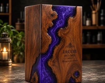Personalized Wooden Cremation Urn, Purple Resin River, Dog Ashes Holder, Custom Engraved