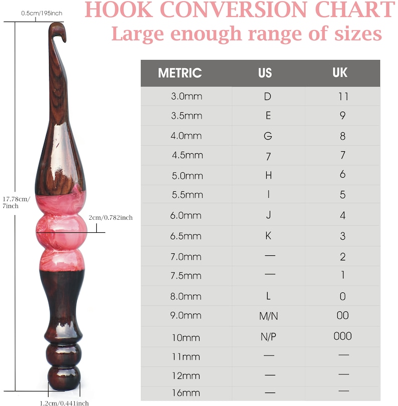 May include: A chart showing crochet hook sizes in millimeters, US sizes, and UK sizes. The chart is printed on a white background. A wooden crochet hook is shown next to the chart.