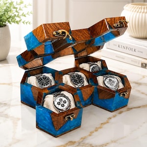 Handmade Blue Resin Rosewood Watch Box, Hexagon Watch Case, Personalized Engraved Storage