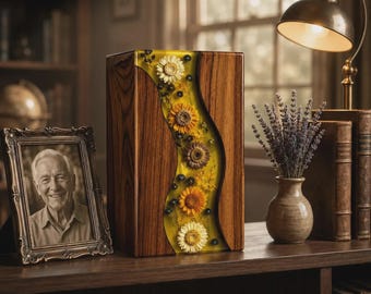 Handmade Wooden Urn for Human Ashes, Yellow Floral Resin, Funeral Keepsake Gift