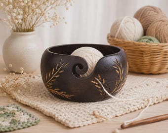 Handmade Wooden Yarn Bowl: Knitting & Crochet Organizer with Carved Leaf