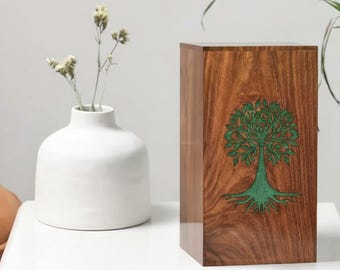 Urna cineraria in legno realizzata a mano con intarsio a forma di albero – Scatola commemorativa per cremazione in palissandro