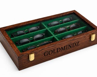 Personalized Wooden Sunglasses Organizer, Glass Top Eyeglass Display Box, 8 Slot Storage Case