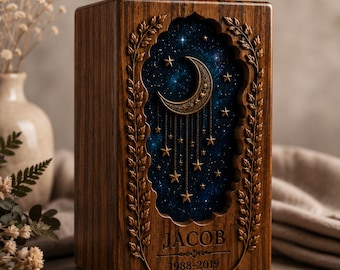 Handcrafted Wooden Memorial Urn Moon Star Engraved Cremation Box for Ashes Gift