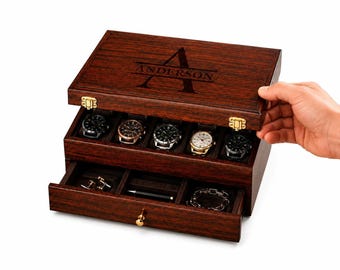 Personalized Engraved Wooden Watch Box, Custom Name Watch Case Gift for Men Organizer